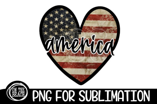 AMERICA - Heart -Vintage Flag - July 4th - PNG Sublimation